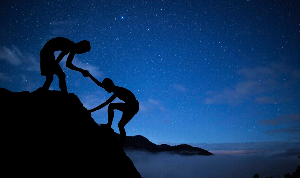 men, mentor, help, climbing, mountain, stars, hand, adventure, sky, mountain top, night sky, teamwork, people, achievement, silhouette, together, nature, success, friendship, mentoring, partnership, people silhouettes, blue sky, blue mountain, blue help, blue stars