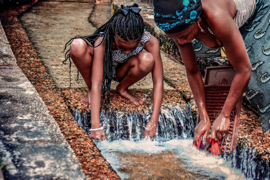 woman, laundry, stream, washing, nature, mother, daughter, child, kid, girl, waterway, cascade, water, life