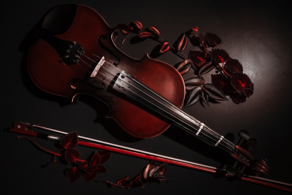 A captivating still life of a violin with dark tones and rich colors, elegantly arranged with red leaves.